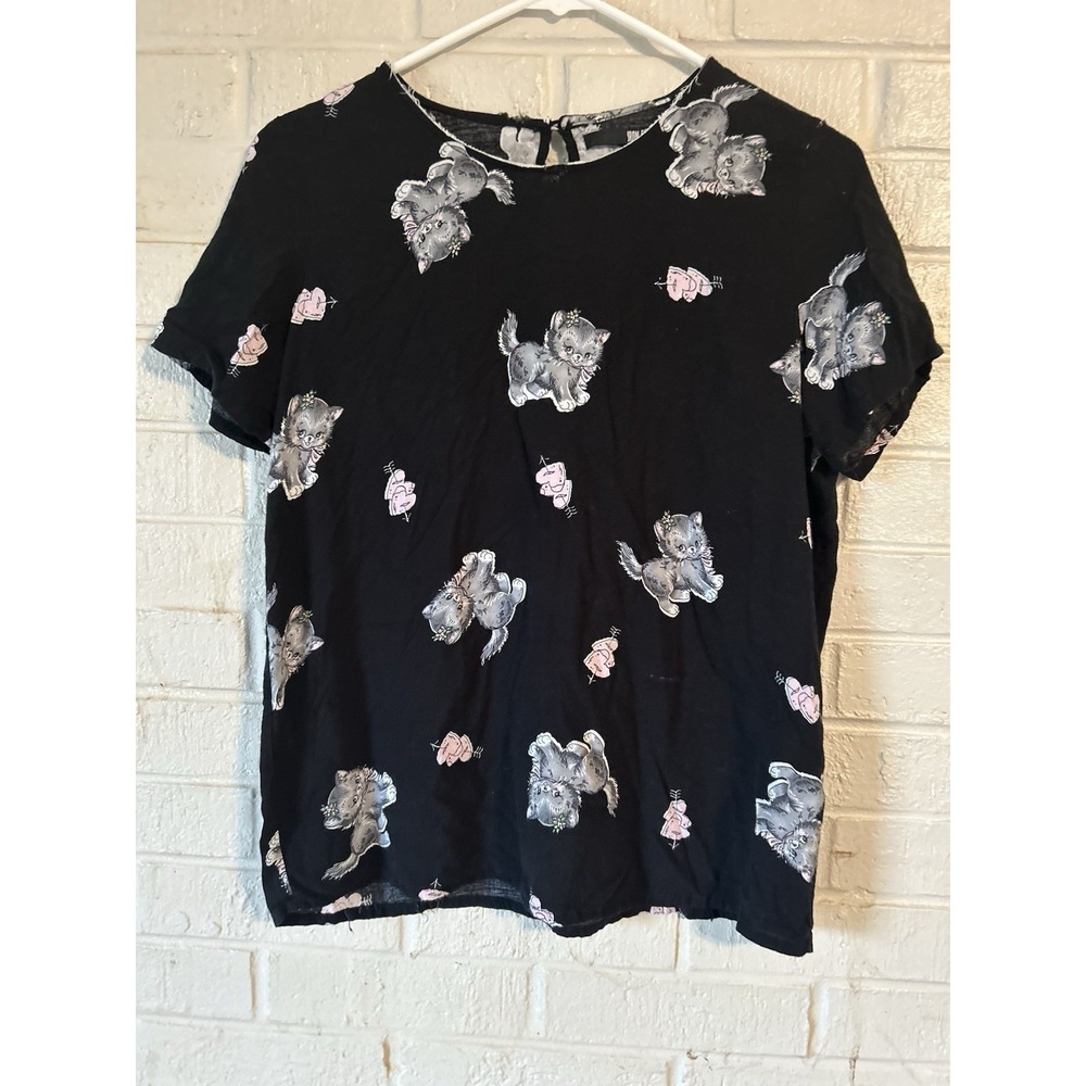 Iron Fist Shirt Cat AOP Hearts Black Small Shirt Sleeve Blouse Whimsigoth Kitsch